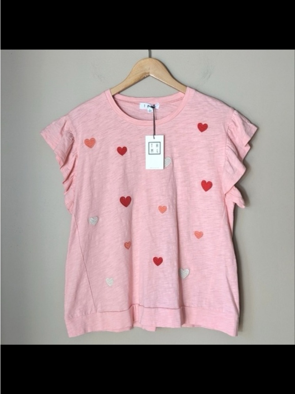 THML Hearts Top in pink with embroidered hearts and ruffle sleeves NWT large